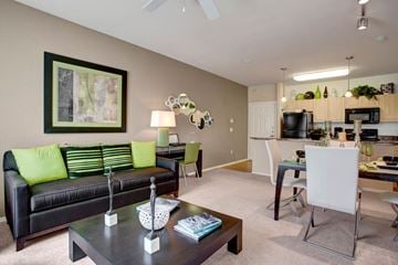 Phoenix apartment for rent - A living room with a black couch and a painting on the wall.
