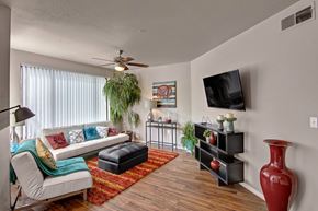 Phoenix apartment for rent - A vibrant living room here at Hawthorne featuring a sleek white sofa with colorful accent pillows, a plush red and orange area rug, and rich wood-style flooring, complemented by a mounted flat-screen television, modern black media console, decorative plants, and a large sliding glass door with vertical blinds that fills the space with natural light.