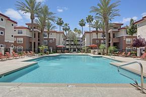 Phoenix apartment for rent - A resort-style swimming pool here at Mozaic at Steele Park surrounded by tall palm trees, comfortable lounge chairs, and shaded patio seating. The sparkling blue water is framed by spacious sundecks and modern apartment buildings, creating a relaxing outdoor retreat perfect for soaking up the Arizona sunshine or enjoying time with neighbors.