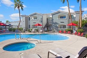 Mesa apartment for rent - A sunny resort-style pool area here at Pala Mesa featuring a sparkling swimming pool with an attached spa, expansive concrete deck, and comfortable lounge seating beneath vibrant red umbrellas. Tall palm trees and manicured landscaping surround the courtyard, creating a relaxing outdoor retreat perfect for soaking up the Arizona sunshine.