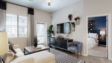 Phoenix apartment for rent - A living room with a grey couch and a black and white rug.
