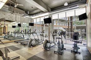 Phoenix apartment for rent - A modern fitness center here at Skyline Lofts featuring rows of cardio machines including treadmills, ellipticals, and stationary bikes, set on durable flooring beneath exposed concrete ceilings and ductwork, with wall-mounted TVs, ceiling fans, and floor-to-ceiling windows overlooking a landscaped courtyard with palm trees.