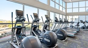 Tempe apartment for rent - A sunlit fitness center here at Skywater at Tempe Town Lake featuring a row of modern cardio machines including ellipticals and treadmills, positioned along expansive floor-to-ceiling windows that overlook landscaped surroundings, with high ceilings, neutral flooring, and an open layout designed for an energizing workout experience.