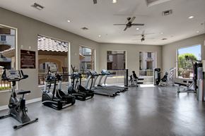 Gilbert apartment for rent - A spacious fitness center here at Sonoma Landing featuring rows of treadmills and elliptical machines, a stationary bike, and strength training equipment arranged on sleek flooring, with large windows bringing in natural light, neutral walls, ceiling fans, recessed lighting, and views of the surrounding apartment community.