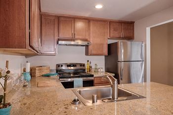 Kitchen with lots of storage, stainless steel oven, stove, refrigerator, and deep sink