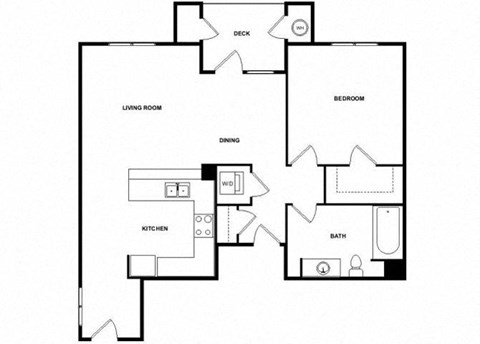 Floor plan for 1 bed, 1 bath, 877 sqft