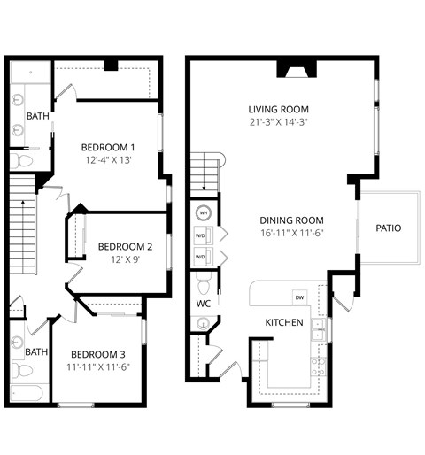 Floor plan for 3 beds, 2 baths, 1495 sqft