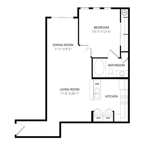 Floor plan for 1 bed, 1 bath, 687 sqft