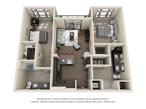 Floor plan for 2 beds, 2 baths, 1177 sqft