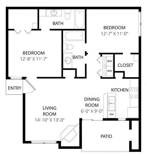 Floor plan for 2 beds, 2 baths, 925 sqft
