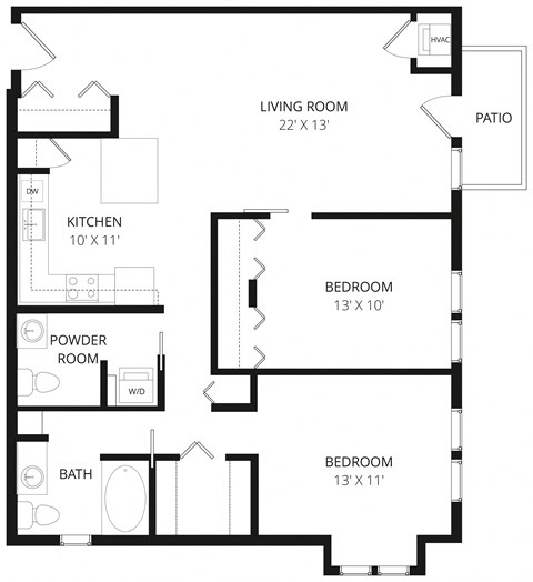 Floor plan for 2 beds, 1.5 baths, 1082 sqft