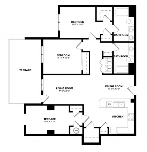 Floor plan for 2 beds, 2 baths, 1180 sqft