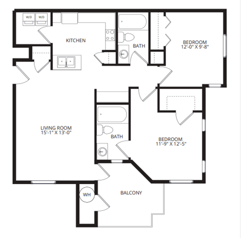 Floor plan for 2 beds, 2 baths, 1045 sqft
