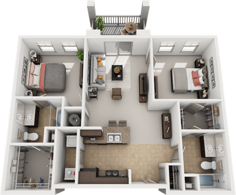 Floor plan for 2 beds, 2 baths, 1030 sqft