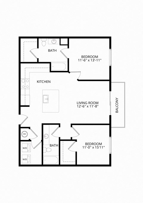 Floor plan for 2 beds, 2 baths, 1071 sqft