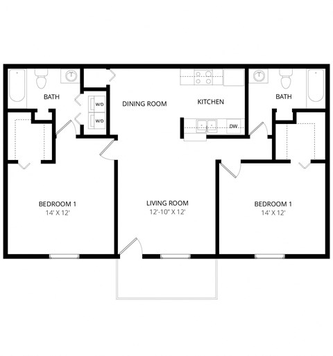 Floor plan for 2 beds, 2 baths, 1000 sqft