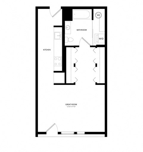Floor plan for studio, 1 bath, 578 sqft