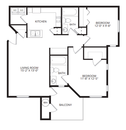 Floor plan for 2 beds, 2 baths, 1043 sqft
