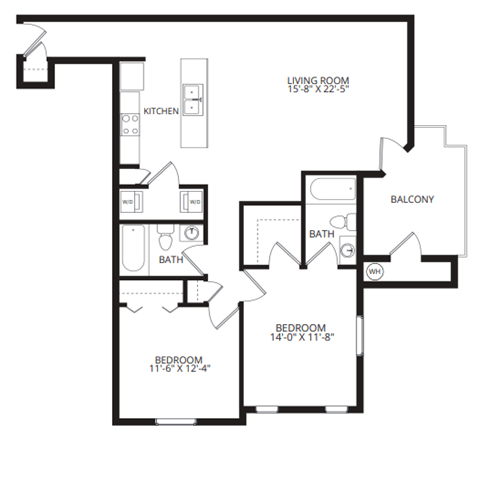 Floor plan for 2 beds, 2 baths, 1150 sqft