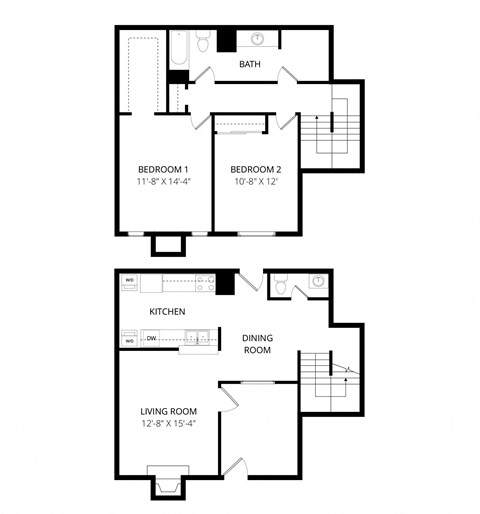 Floor plan for 2 beds, 1.5 baths, 1200 sqft
