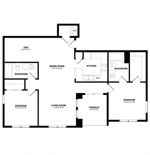 Floor plan for 2 beds, 2 baths, 1185 sqft