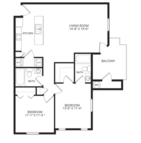 Floor plan for 2 beds, 2 baths, 1097 sqft