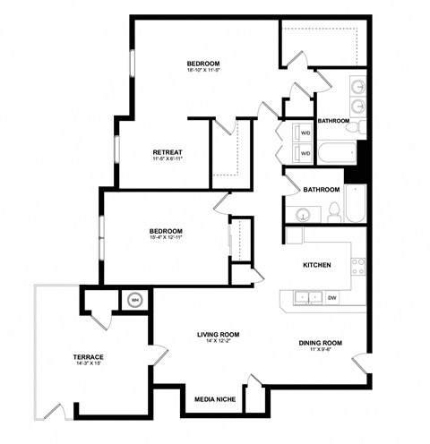 Floor plan for 2 beds, 2 baths, 1370 sqft