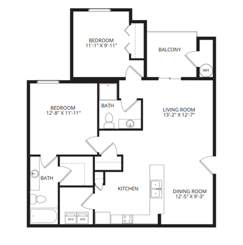 Floor plan for 2 beds, 2 baths, 1104 sqft