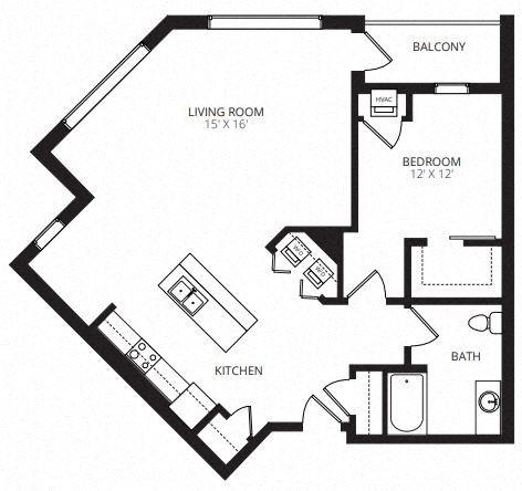 Floor plan for 1 bed, 1 bath, 1018 sqft