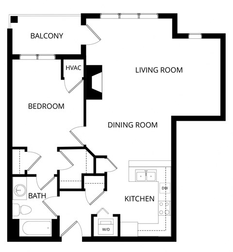 Floor plan for 1 bed, 1 bath, 885 sqft