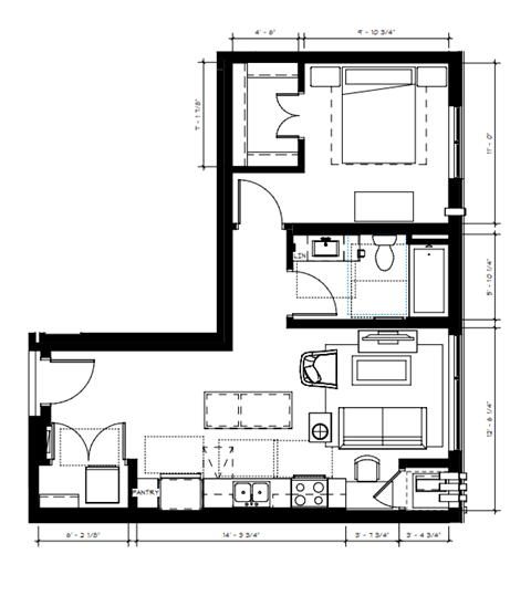 Floor plan for 1 bed, 1 bath, 660 sqft