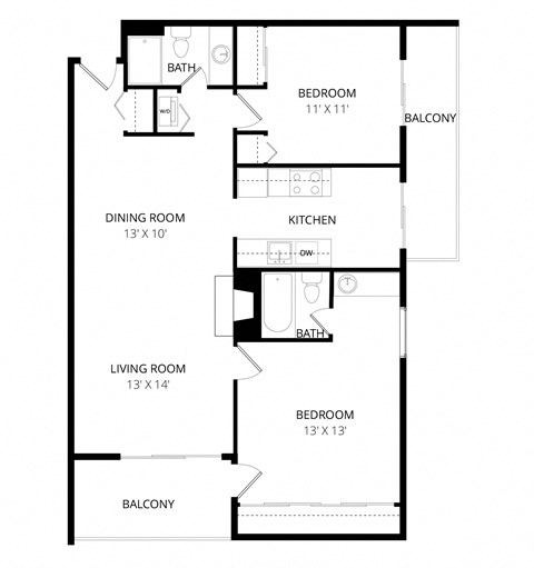 Floor plan for 2 beds, 2 baths, 1040 sqft