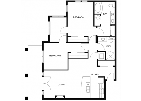 Floor plan for 2 beds, 2 baths, 1309 sqft