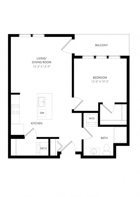 Floor plan for 1 bed, 1 bath, 713 sqft