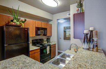 Rogers apartment for rent - A kitchen with a granite counter top and a black refrigerator.