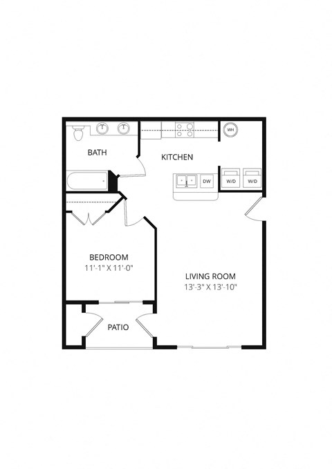 Floor plan for 1 bed, 1 bath, 677 sqft