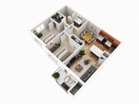 Floor plan for 2 beds, 1 bath, 935 sqft
