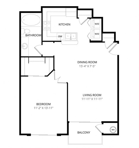 Floor plan for 1 bed, 1 bath, 682 sqft