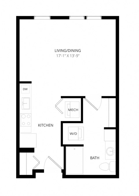 Floor plan for studio, 1 bath, 500 sqft