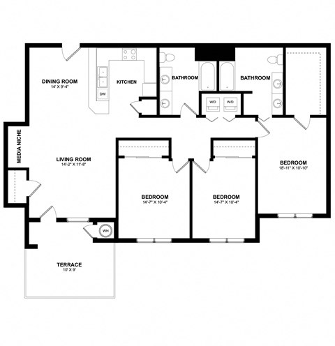 Floor plan for 3 beds, 2 baths, 1360 sqft
