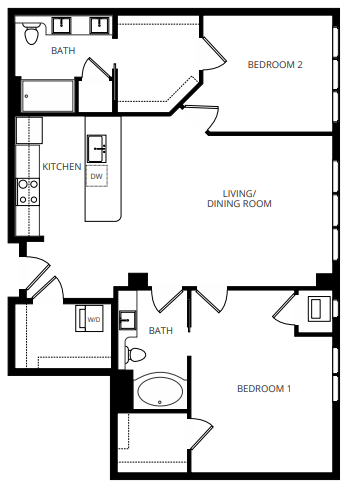 Floor plan for 2 beds, 2 baths, 1255 sqft