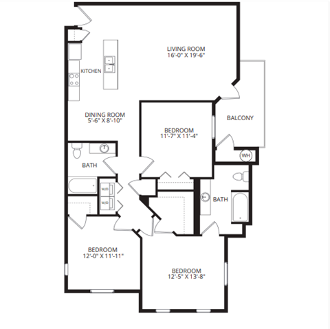 Floor plan for 3 beds, 2 baths, 1442 sqft