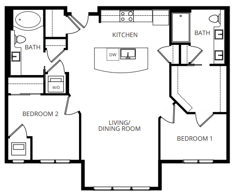 Floor plan for 2 beds, 2 baths, 1187 sqft