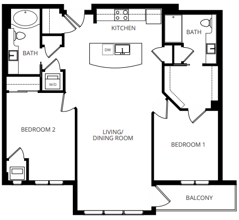 Floor plan for 2 beds, 2 baths, 1183 sqft
