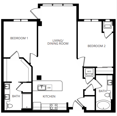 Floor plan for 2 beds, 2 baths, 1200 sqft