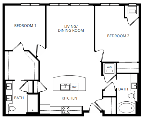 Floor plan for 2 beds, 2 baths