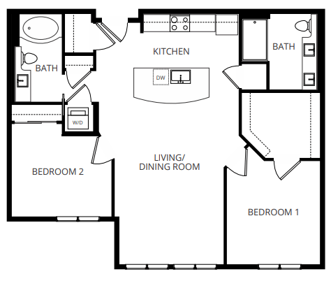 Floor plan for 2 beds, 2 baths, 1055 sqft