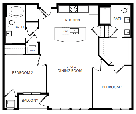 Floor plan for 2 beds, 2 baths, 1091 sqft