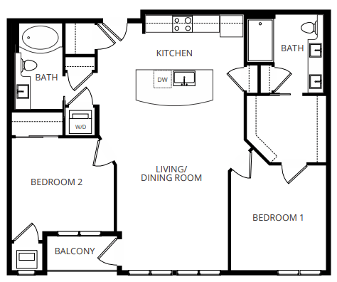 Floor plan for 2 beds, 2 baths, 1084 sqft