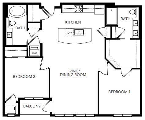 Floor plan for 2 beds, 2 baths, 1084 sqft